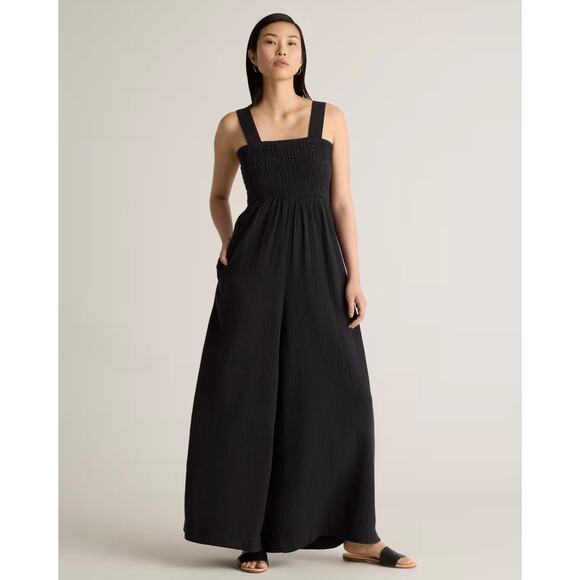 NWOT Quince Organic Cotton Gauze Smocked Jumpsuit – Washed Black – Size M - Picture 1 of 8